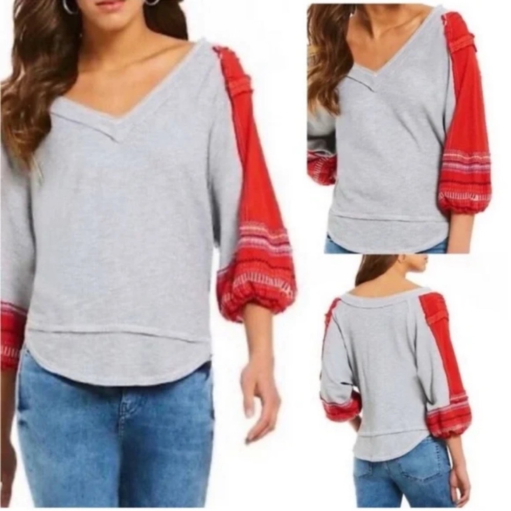 Free People We The Free Embroidered Bubble Sleeve Waffle Knit Top in Red Grey SM